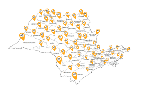 Mapa do Estado de São Paulo com os ambientes de inovação participantes do i2SP